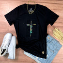 Camiseta Feminina Preta Aplique Cruz Jesus