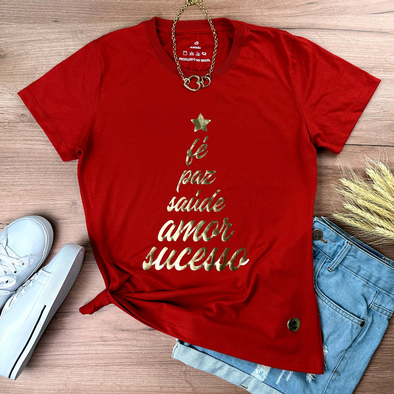 Camiseta Feminina Vermelha Árvore Fé Paz Dourado