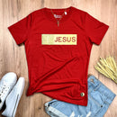 Camiseta Feminina Vermelha Aplique Jesus Glitter Dourado