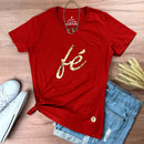 Camiseta Feminina Vermelha Fé Manuscrito Dourado