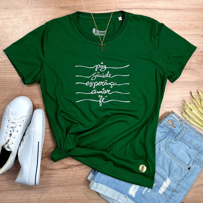 Camiseta Feminina Verde Paz Saúde Esperança Coroa