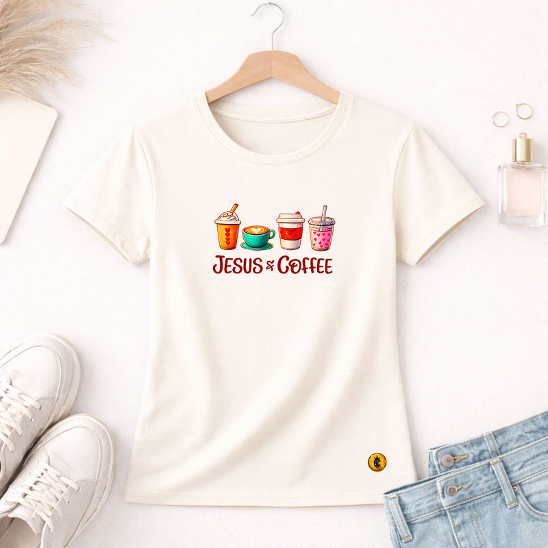 Camiseta Feminina Off White Jesus & Coffee
