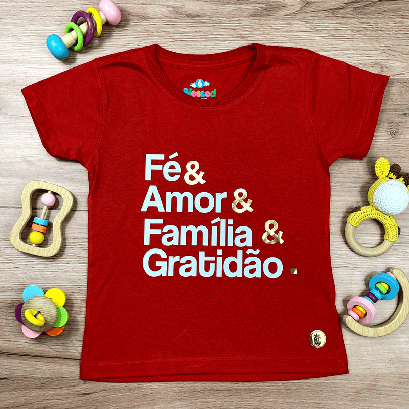 T-Shirt Infantil Vermelha Fé & Amor Dourado