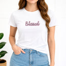 Camiseta Feminina Branca Blessed Glitter Pink Aplique