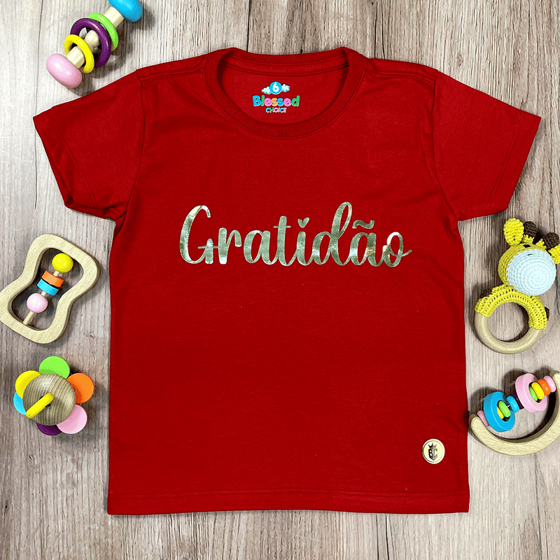 T-Shirt Infantil Vermelha Gratidão Dourado