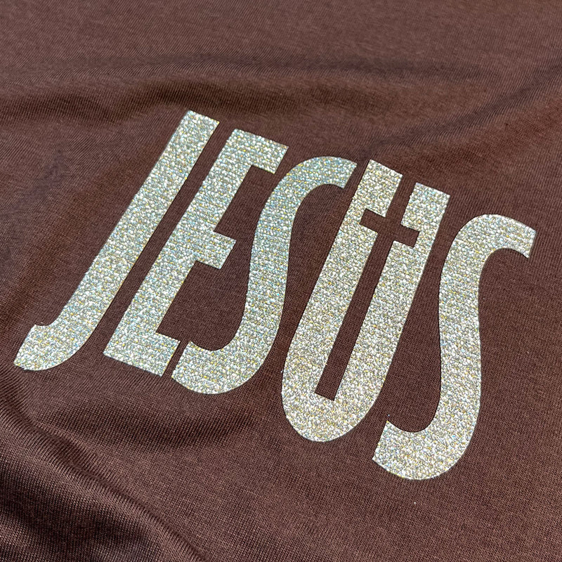 Camiseta Feminina Marrom Jesus Cruz Glitter