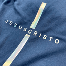 T-Shirt Infantil Azul Cruz Prata Jesus Cristo
