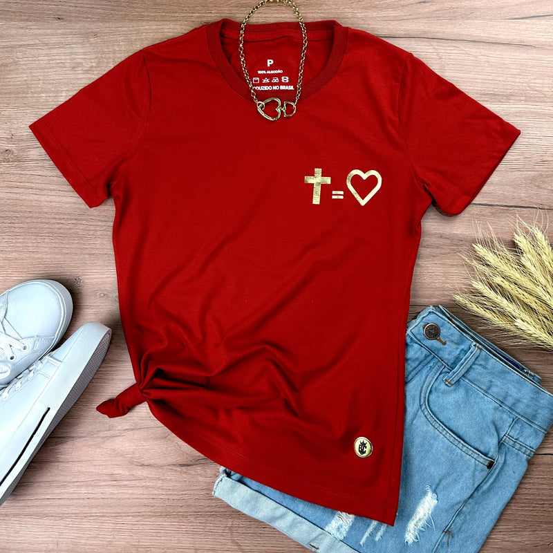 Camiseta Feminina Vermelha Cruz Igual Coração Dourado