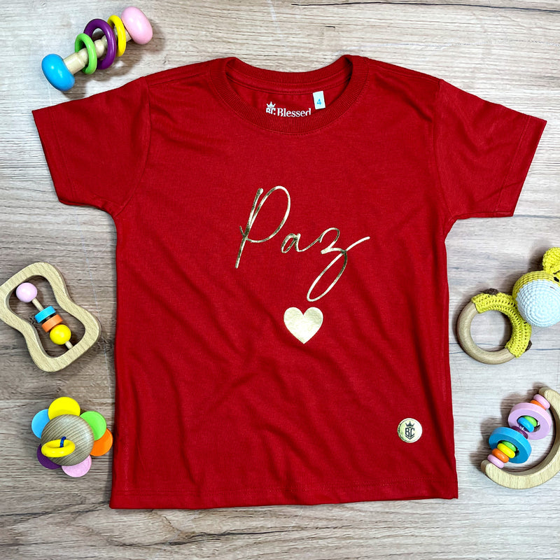 T-Shirt Infantil Vermelha Paz Coração Dourado