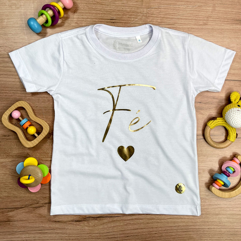 T-Shirt Infantil Branca Fé Coração Dourado