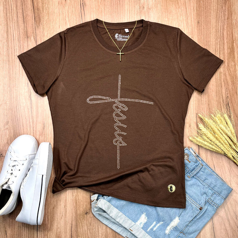 Camiseta Feminina Marrom Jesus Strass