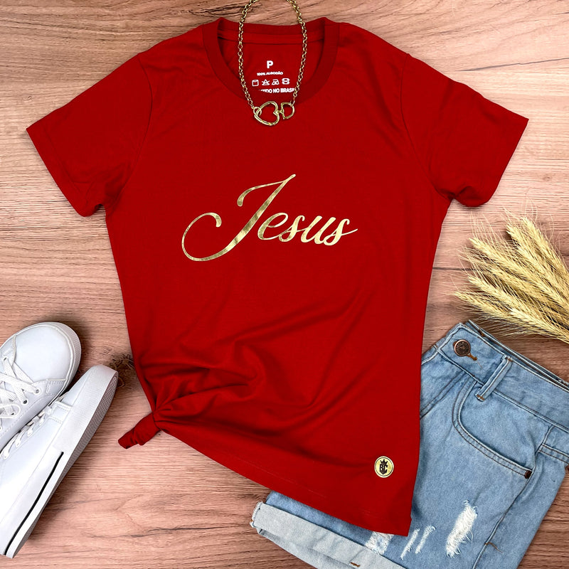 Camiseta Feminina Vermelha Jesus Dourado