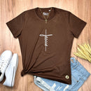 Camiseta Feminina Marrom Aplique Cruz Jesus