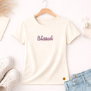Camiseta Feminina Off White Blessed Glitter Pink Aplique