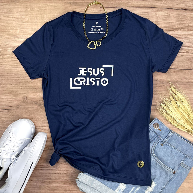 Camiseta Feminina Azul Jesus Cristo Holográfico