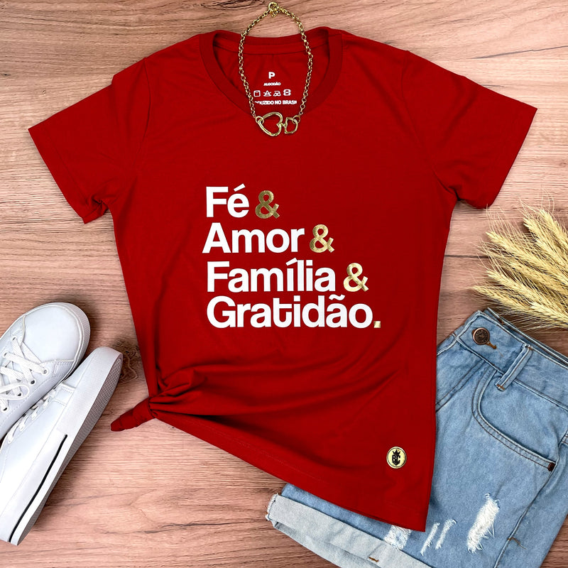 Camiseta Feminina Vermelha Fé & Amor Dourado