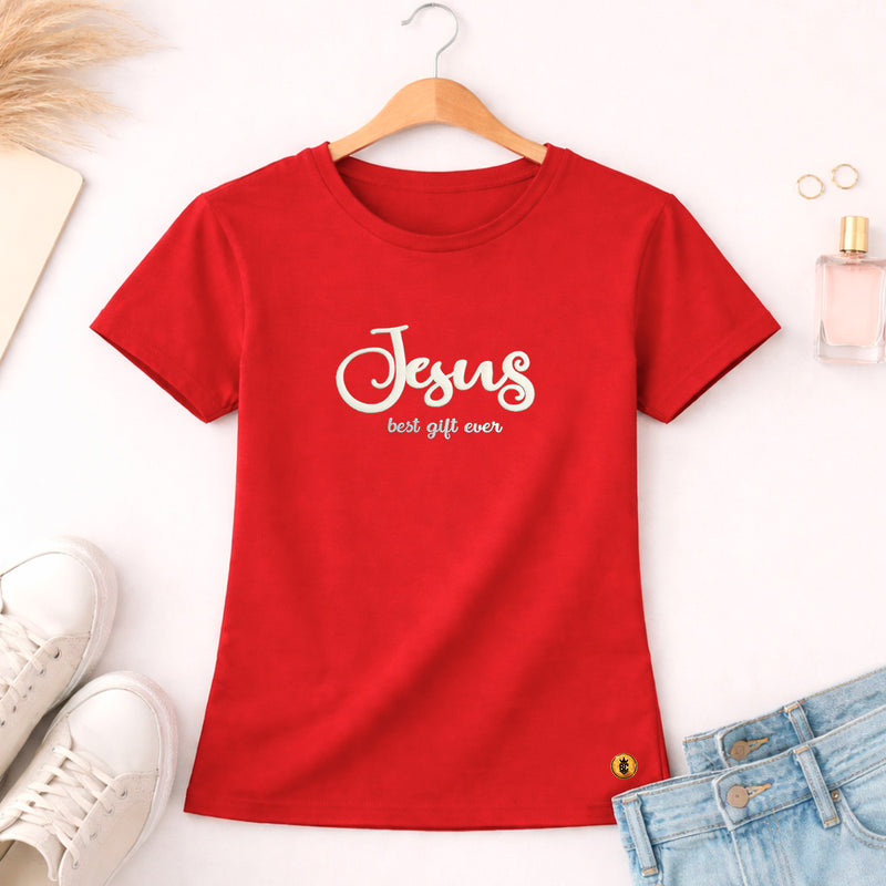 Camiseta Feminina Vermelha Jesus Best Gift Ever Veludo