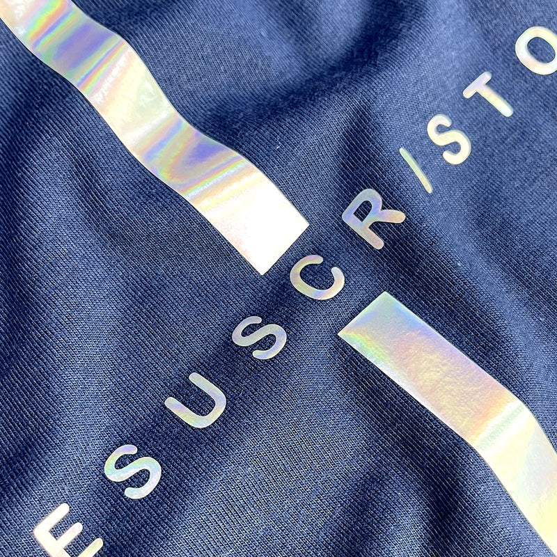 Camiseta Feminina Azul Cruz Prata Jesus Cristo