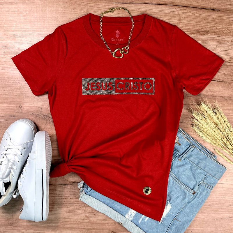 Camiseta Feminina Vermelha Jesus Cristo Glitter