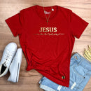 Camiseta Feminina Vermelha Jesus Nasceu Dourado