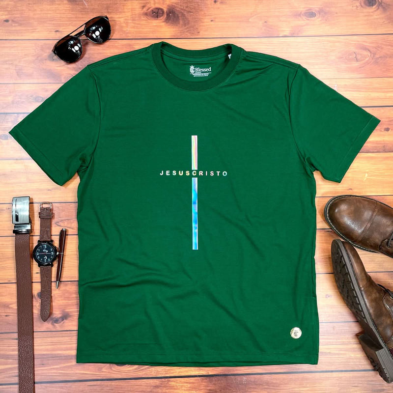Camiseta Masculina Verde Cruz Prata Jesus Cristo