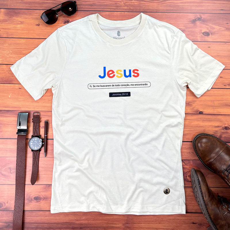 Camiseta Masculina Off White  Jesus se me buscarem de todo coração, me encontrarão