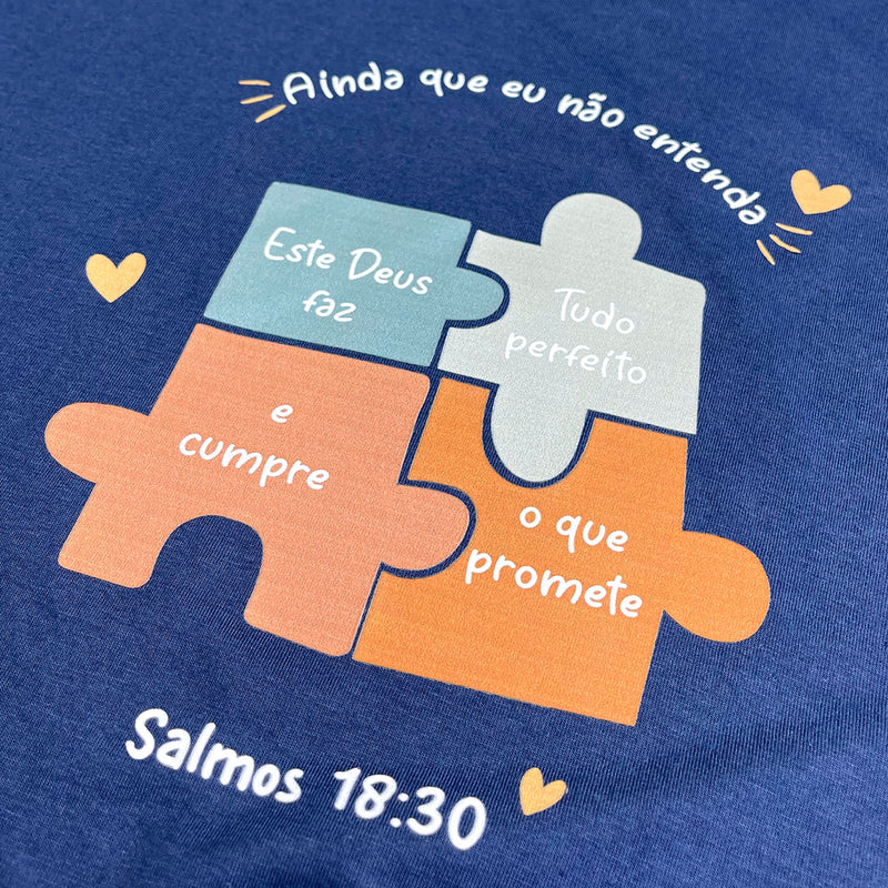 Camiseta Feminina Azul Quebra-Cabeça Ainda Que Eu Não Entenda