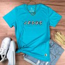 Camiseta Feminina Turquesa Aplique J.E.S.U.S