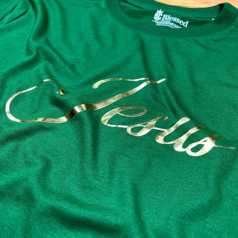 Camiseta Masculina Verde Jesus Dourado