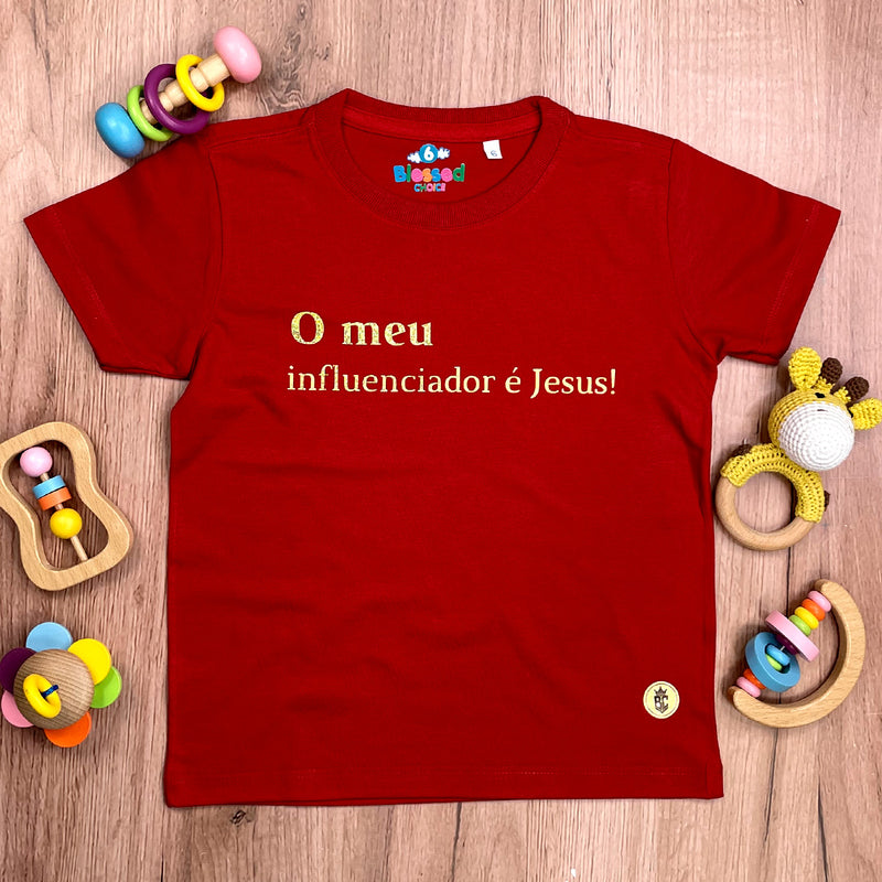 T-Shirt Infantil Vermelha O Meu Influenciador É Jesus!