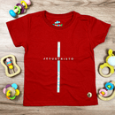 T-Shirt Infantil Vermelha Cruz Prata Jesus Cristo