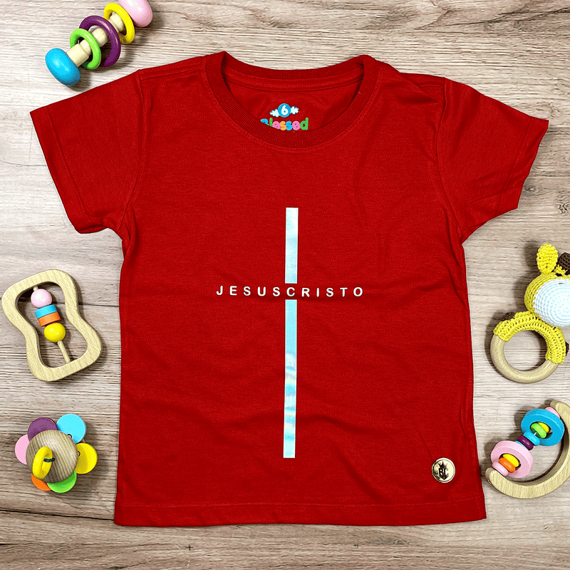 T-Shirt Infantil Vermelha Cruz Prata Jesus Cristo