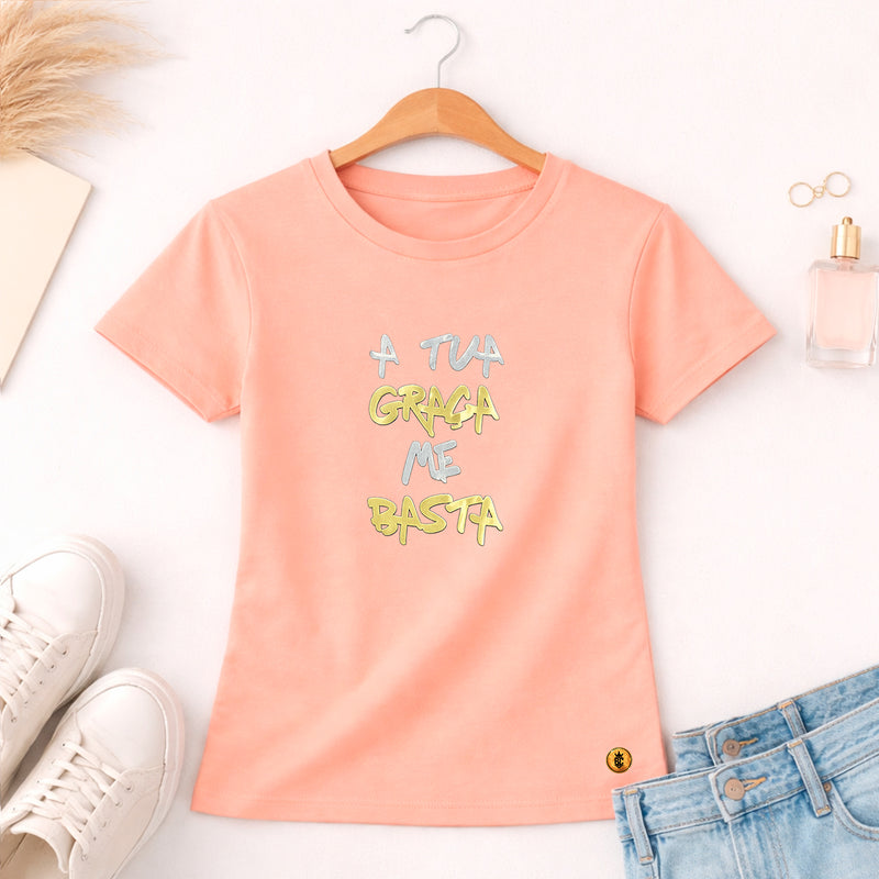 Camiseta Feminina Salmão A Tua Graça Me Basta  Aplique