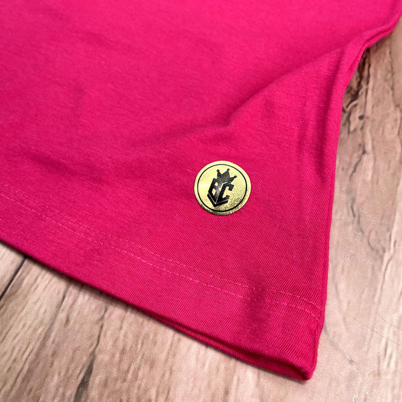 Camiseta Feminina Pink Aplique Jesus Glitter Dourado