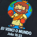 T-Shirt Infantil Preta Eu Venci o Mundo