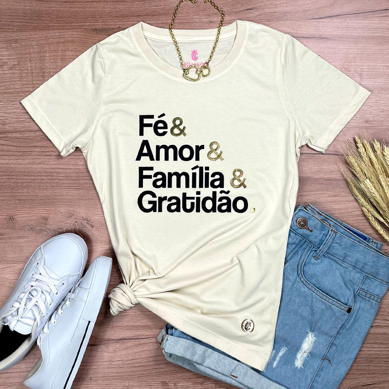 Camiseta Feminina Off White Fé & Amor Dourado