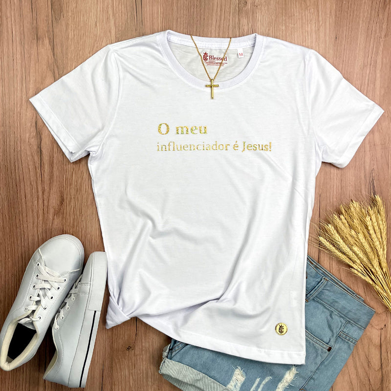 Camiseta Feminina Branca O Meu Influenciador É Jesus!