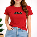 Camiseta Feminina Vermelha Jesus Aplique Camaleão