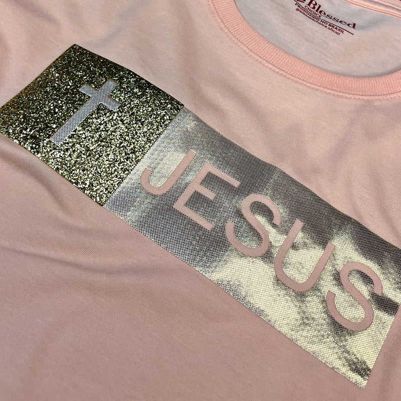 Camiseta Feminina Salmão Aplique Jesus Glitter Dourado