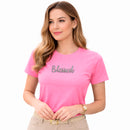 Camiseta Feminina Rosa Blessed Glitter Pink Aplique
