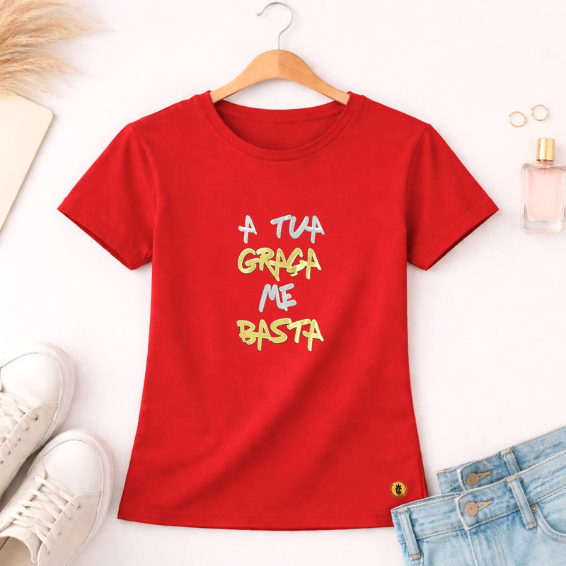Camiseta Feminina Vermelha A Tua Graça Me Basta  Aplique