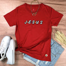 Camiseta Feminina Vermelha Aplique J.E.S.U.S
