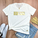 Camiseta Feminina Off White Aplique Jesus Glitter Dourado