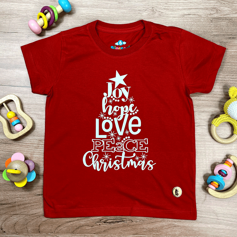 T-Shirt Infantil Vermelha Árvore Joy Hope Love Peace Christmas