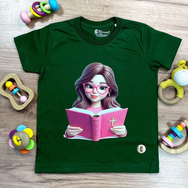 T-Shirt Infantil Verde Garota Bíblia