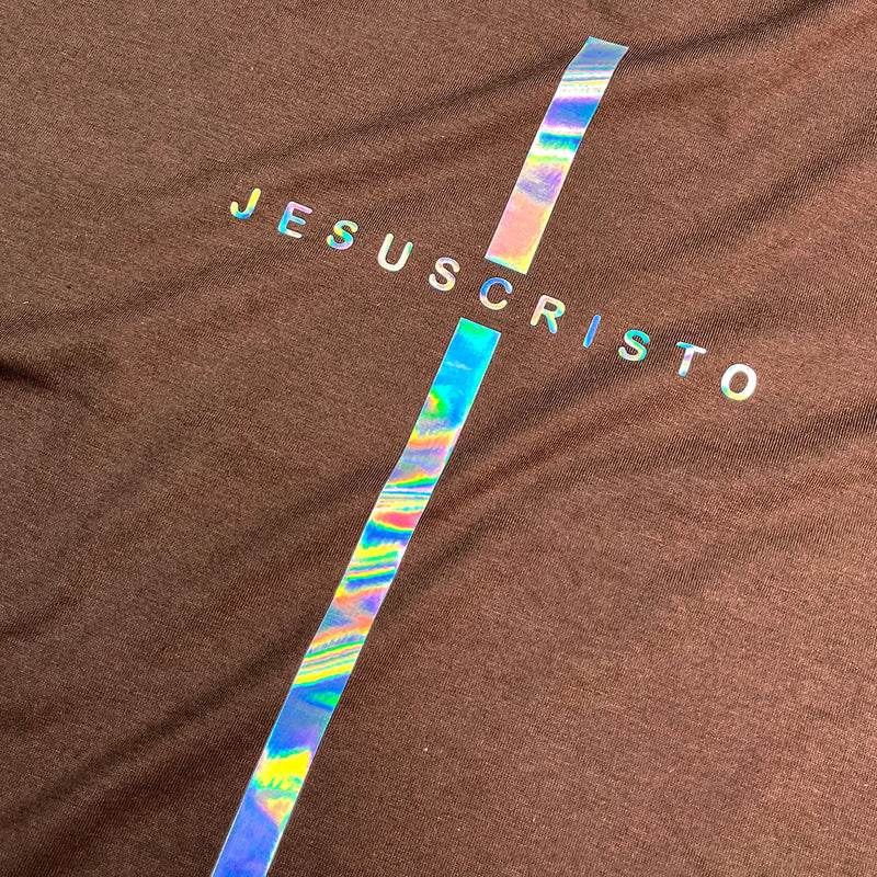 Camiseta Feminina Marrom Cruz Prata Jesus Cristo