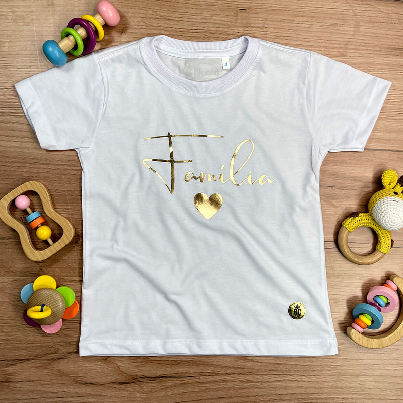T-Shirt Infantil Branca Fé Coração Dourado