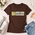 Camiseta Feminina Marrom Aplique Jesus Glitter Dourado