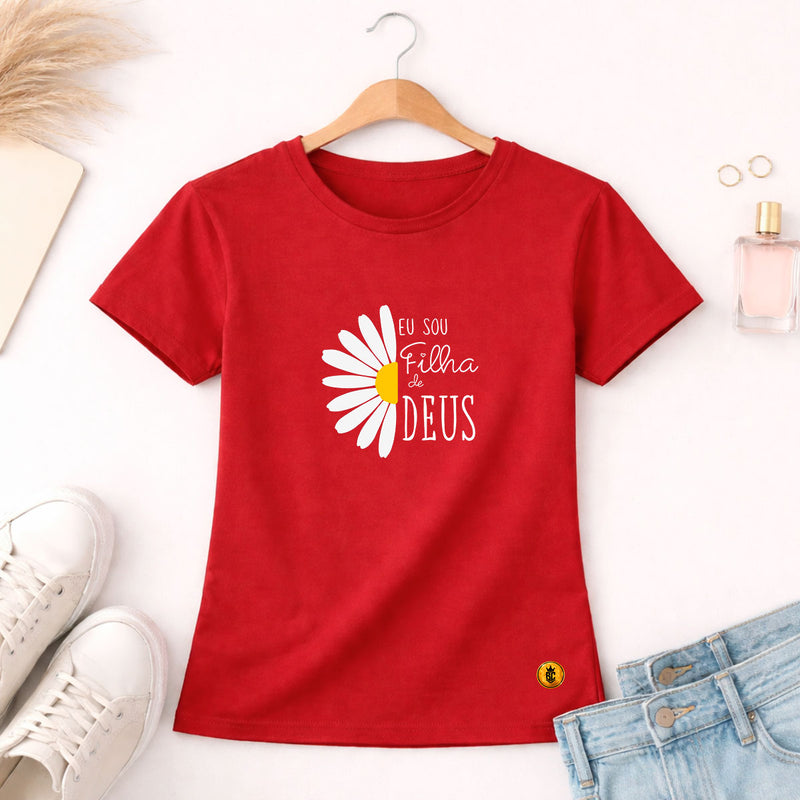 Camiseta Feminina Vermelha Flor Eu Sou Filha De Deus 