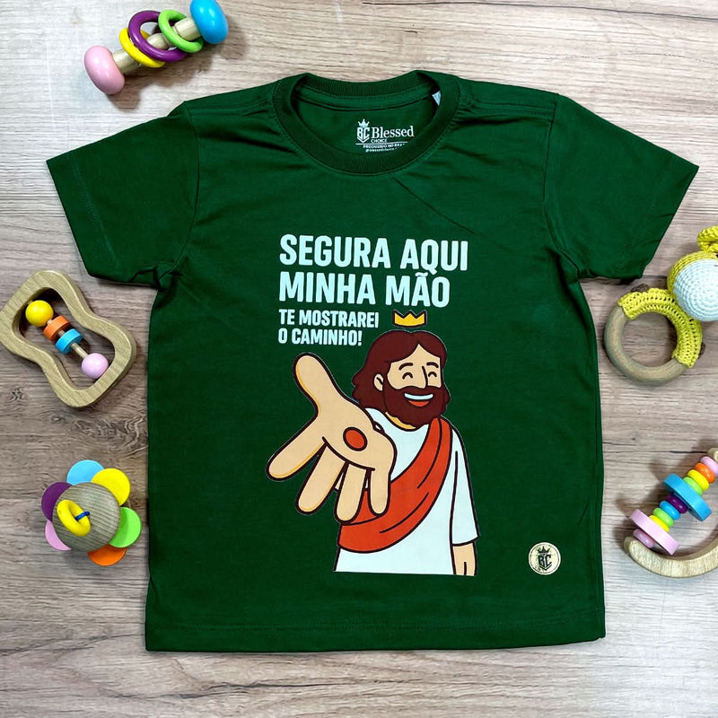 T-Shirt Infantil Verde Segura Aqui Minha Mão